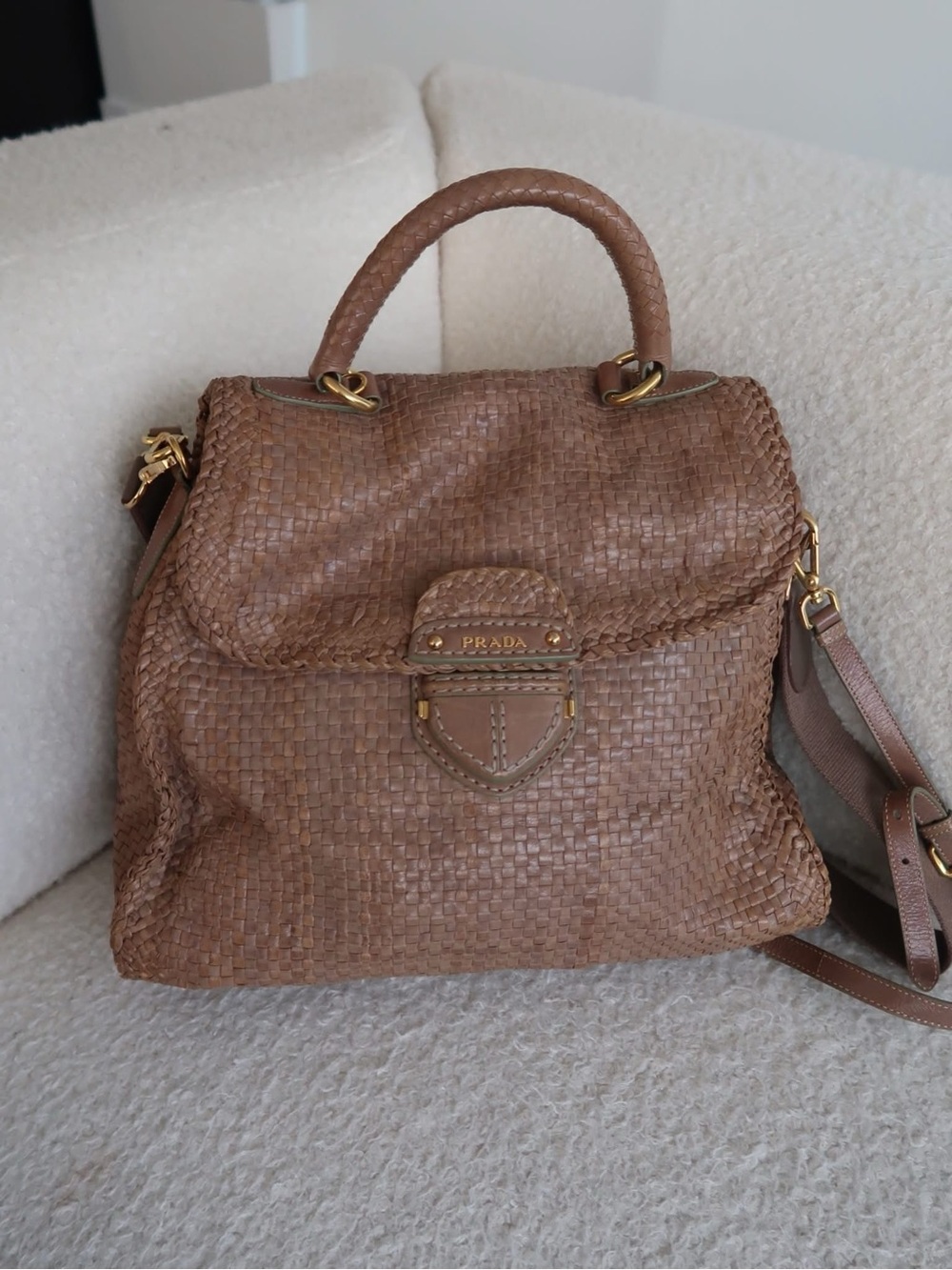 Prada Woven Leather Satchel in Brown with Gold Hardware